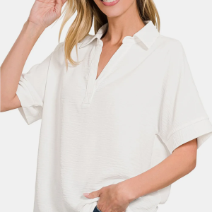 Zenana Texture Collared Neck Short Sleeve Top